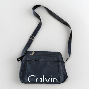 Calvin Klein Black Nylon Shoulder Bag Purse Logo Zip 9.5x10